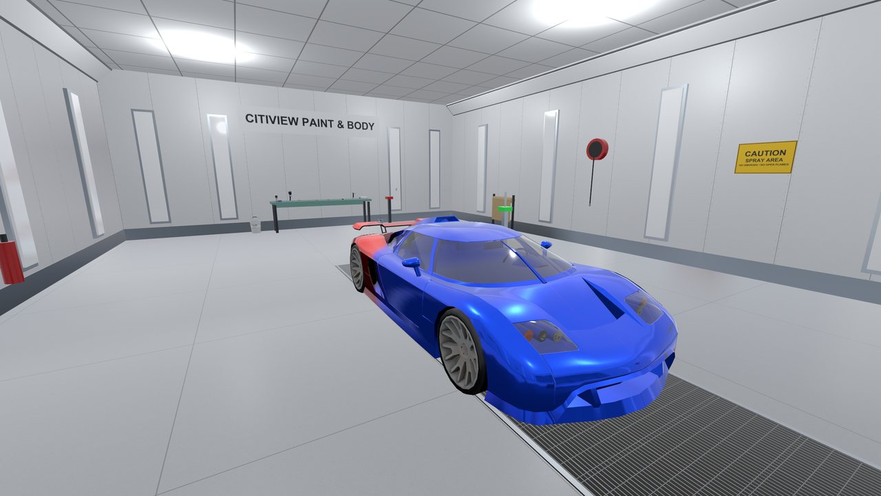 A two-tone sports car in the paint booth