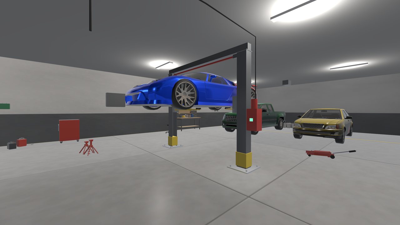 The painted car up on the lift in the mechanic shop
